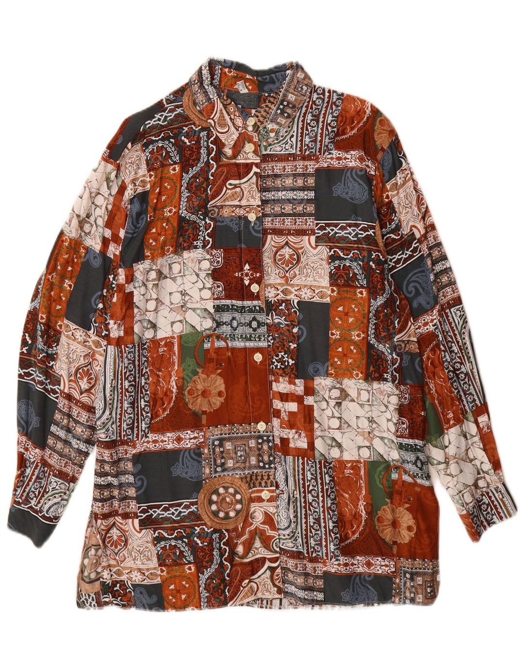 Vintage Dame Langline skjorte UK 14 Stor Flerfarvet Patchwork Viscose