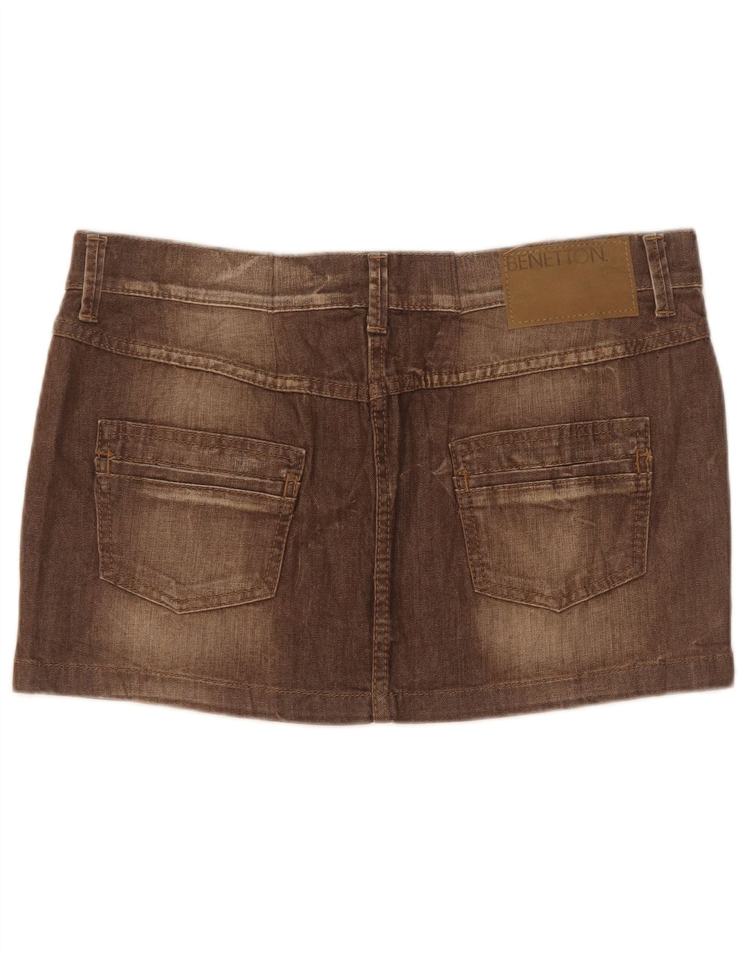 Benetton Dame Lavtalje Mini Denim Nederdel W31 Medium Brun