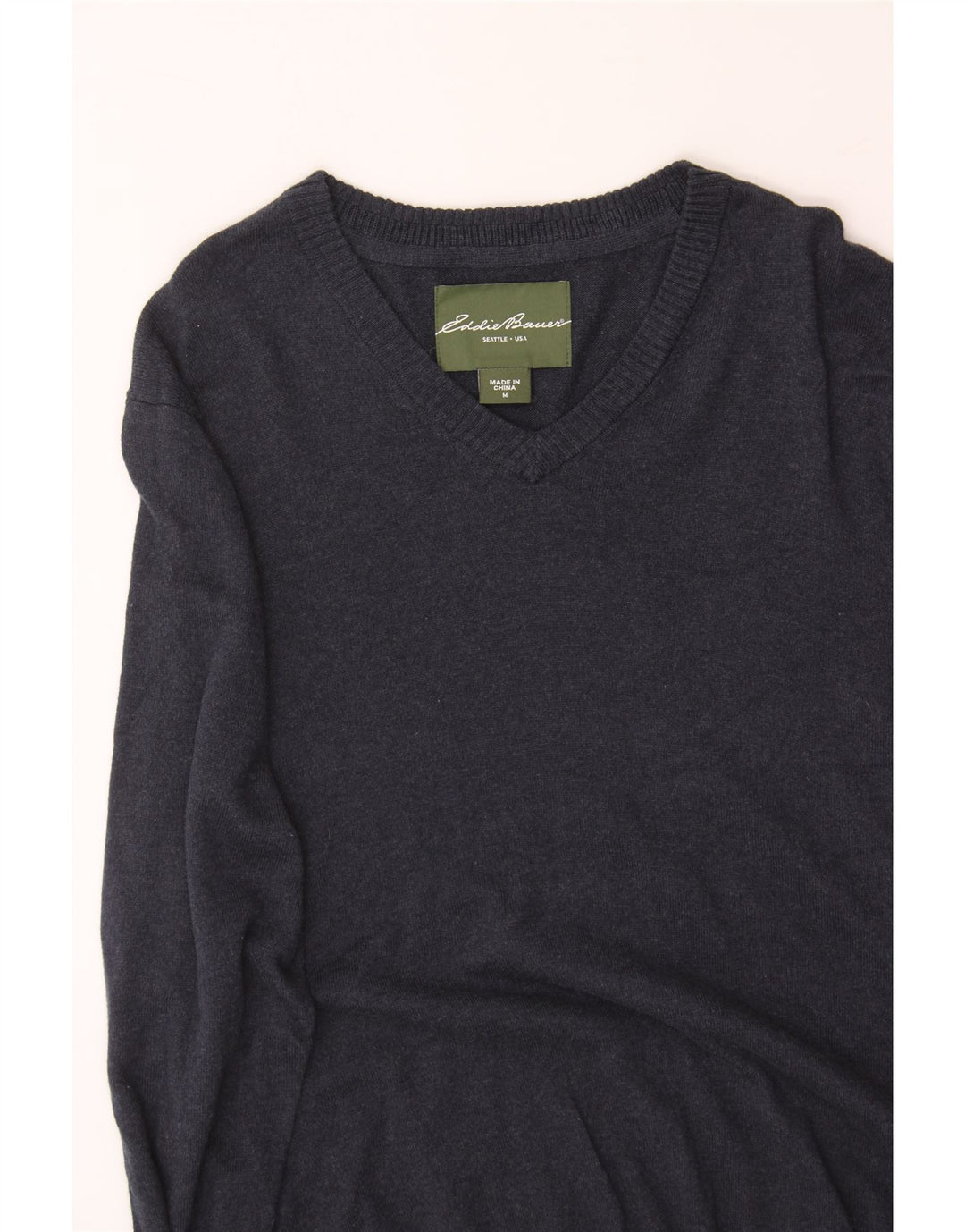 EDDIE BAUER Mens V-Neck Jumper Sweater Medium Navy Blue Cotton Vintage Eddie Bauer and Second-Hand Eddie Bauer from Messina Hembry 