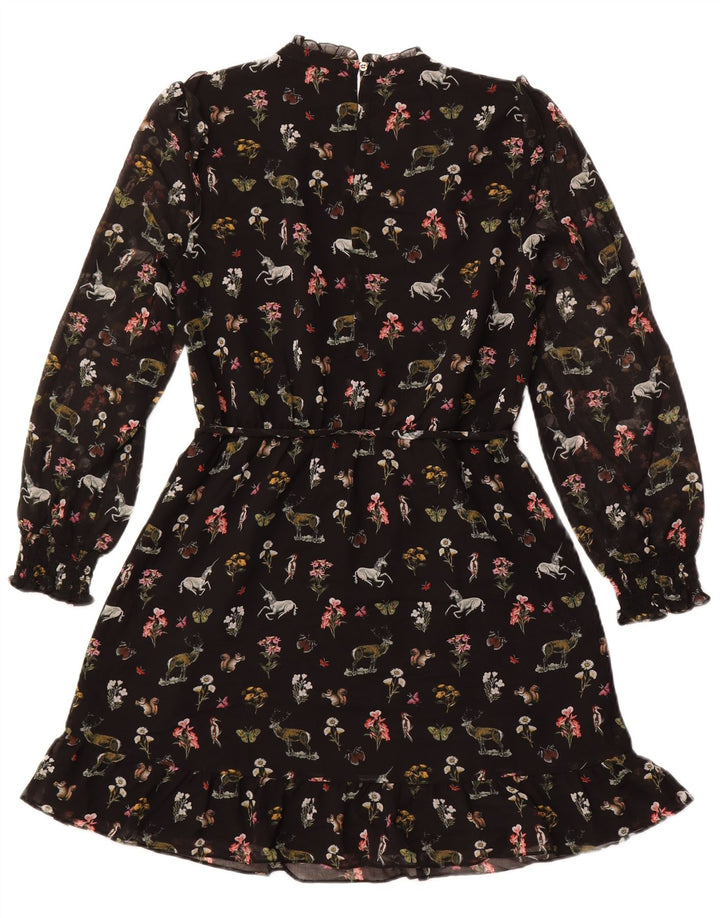 OASIS Dame Langærmet A-Line Kjole UK 12 Medium Black Floral Polyester