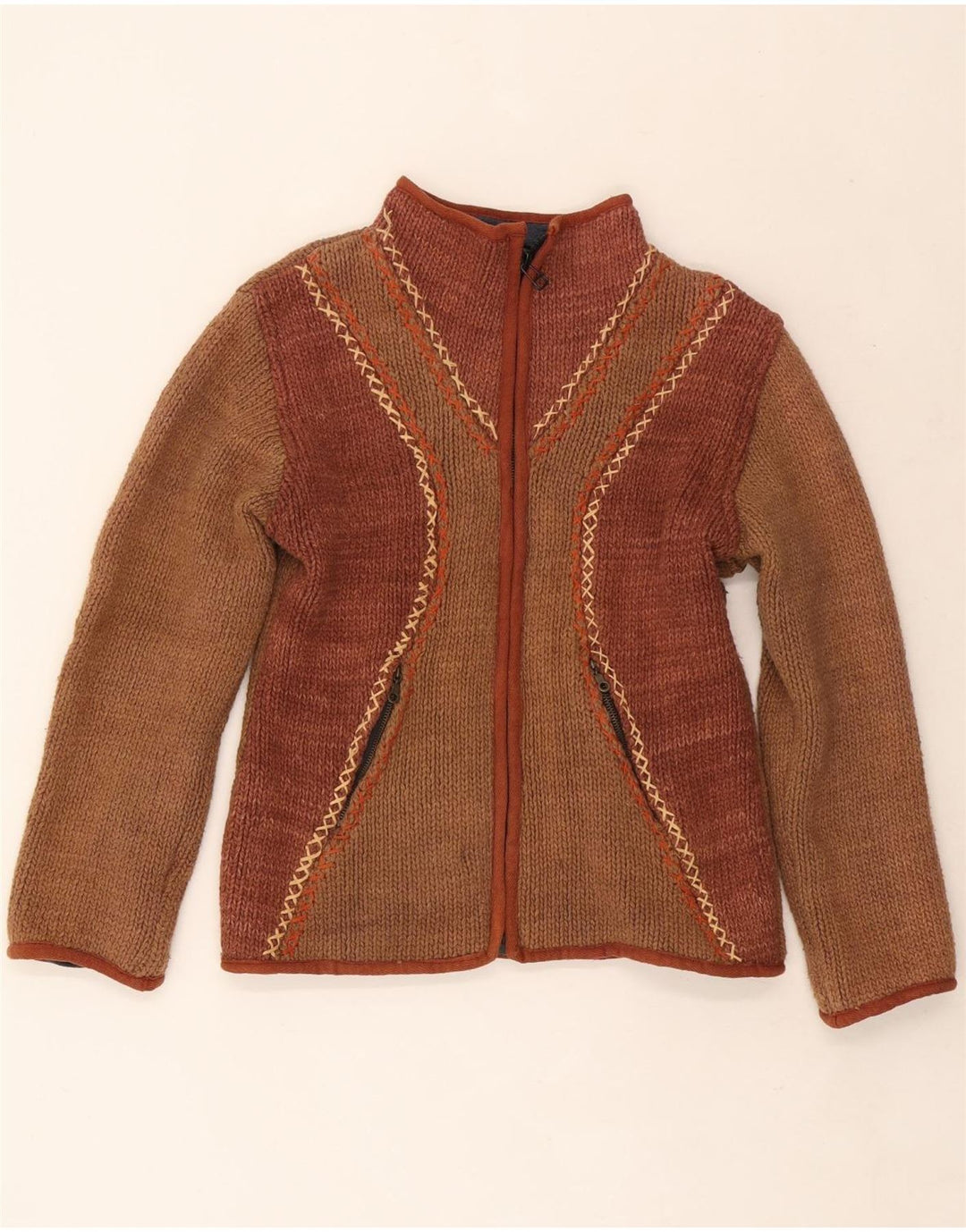 Vintage dame cardigan sweater UK 12 Medium Brown Colourblock