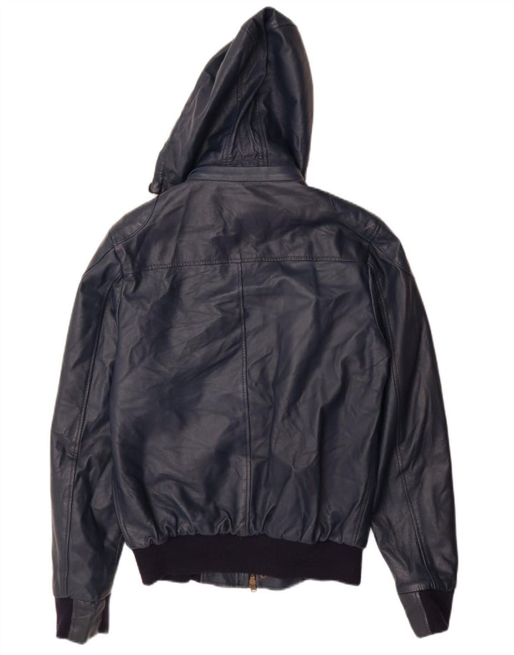 VINTAGE Læderjakke med hætte til kvinder UK 14 Stor marineblå læder