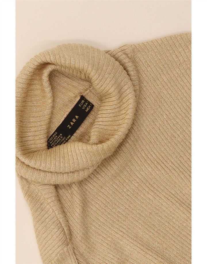 Zara Dame Roll Neck Top Langærmet UK 12 Medium Beige Viscose