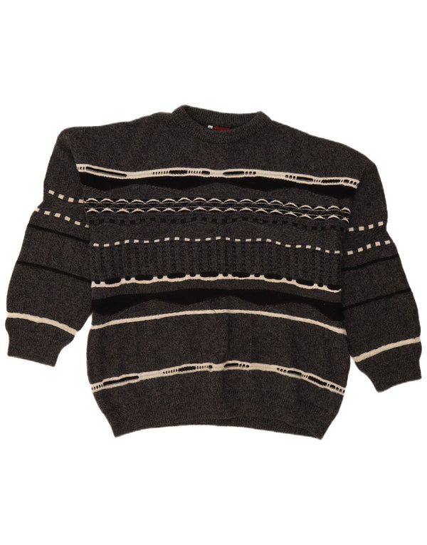Vintage herre rund hals sweater 2XL grå stribet uld