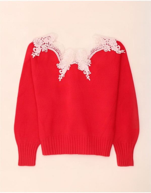 Vintage Kvinders Boat Neck Jumper Sweater UK 14 Medium Red Floral Acryl