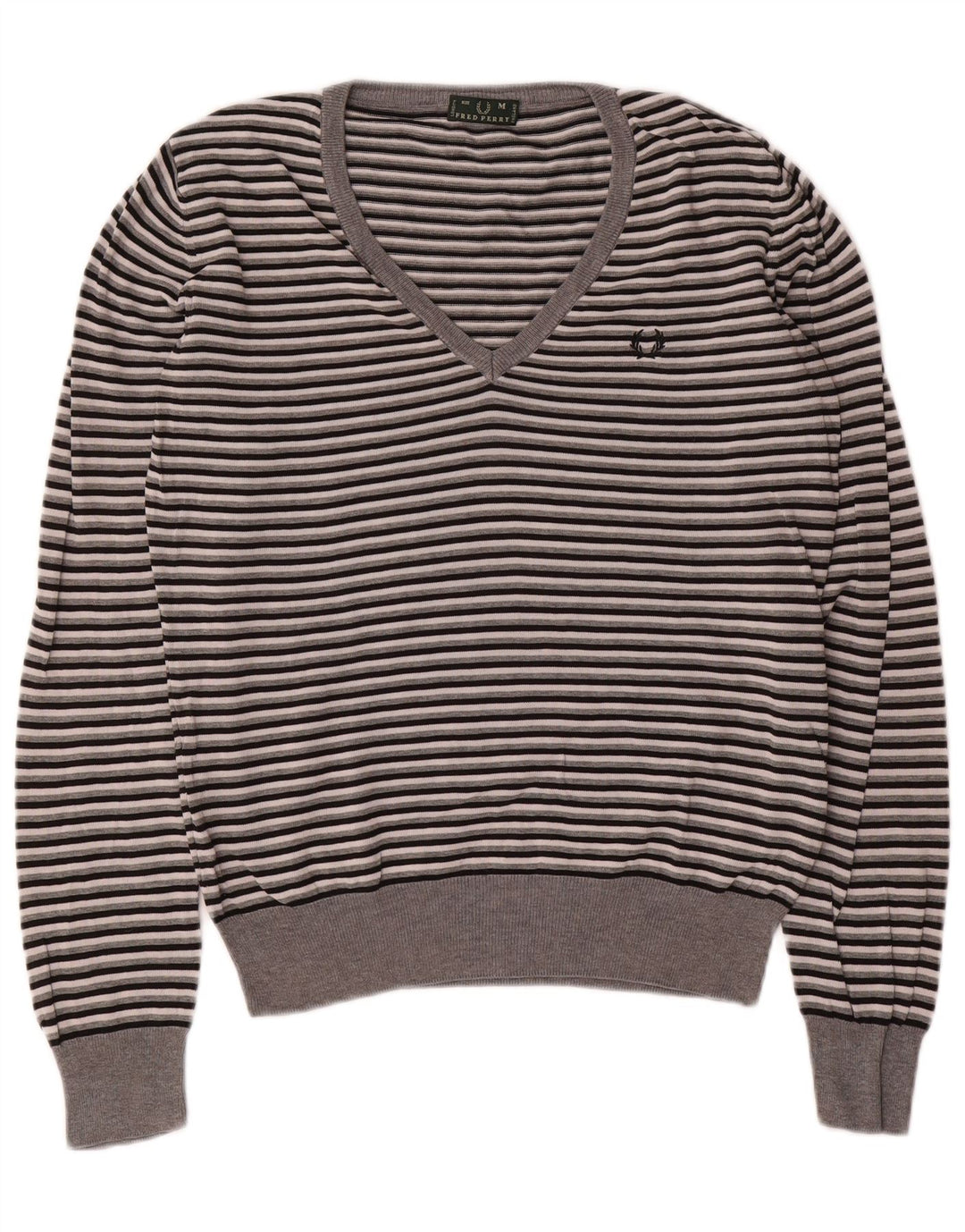 Fred Perry Dame V-hals sweater UK 14 Mellem grå stribet bomuld