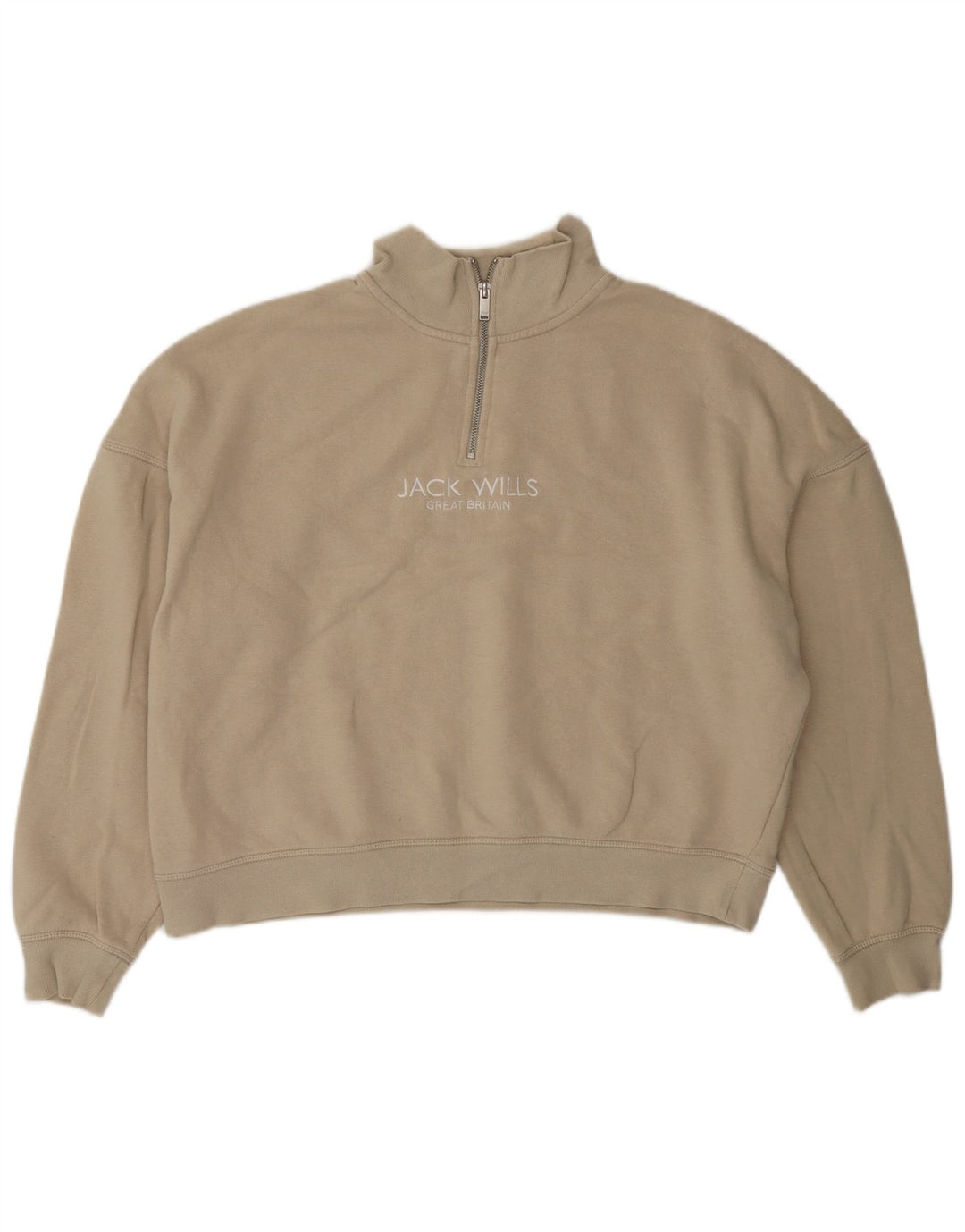 JACK WILLS Dame Oversized Zip Neck Sweatshirt Jumper UK 14 Large Beige