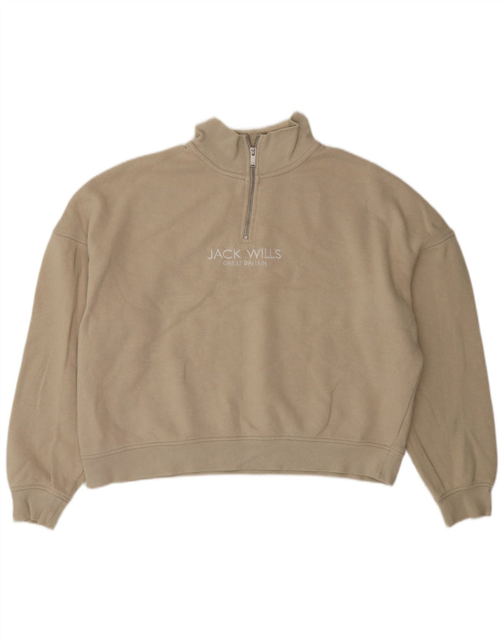 JACK WILLS Dame Oversized Zip Neck Sweatshirt Jumper UK 14 Large Beige