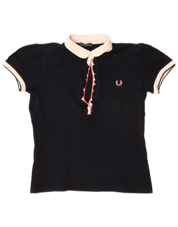 Fred Perry Womens Crop Rugby Polo Shirt UK 12 Medium Navy Blue Bomuld
