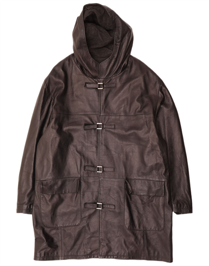 Vintage herre hætte duffle læderjakke IT 54 2XL sort læder