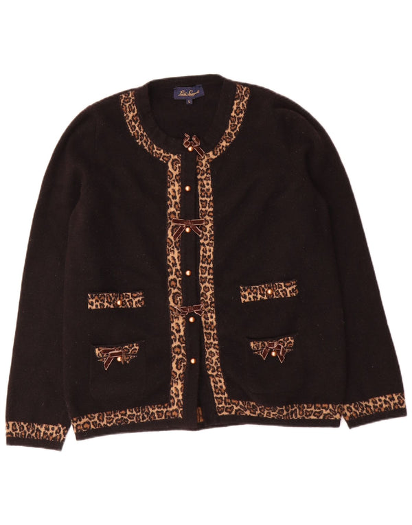 LUISA SPAGNOLI Dame Cardigan Sweater UK 16 Large Black Animal Print Uld