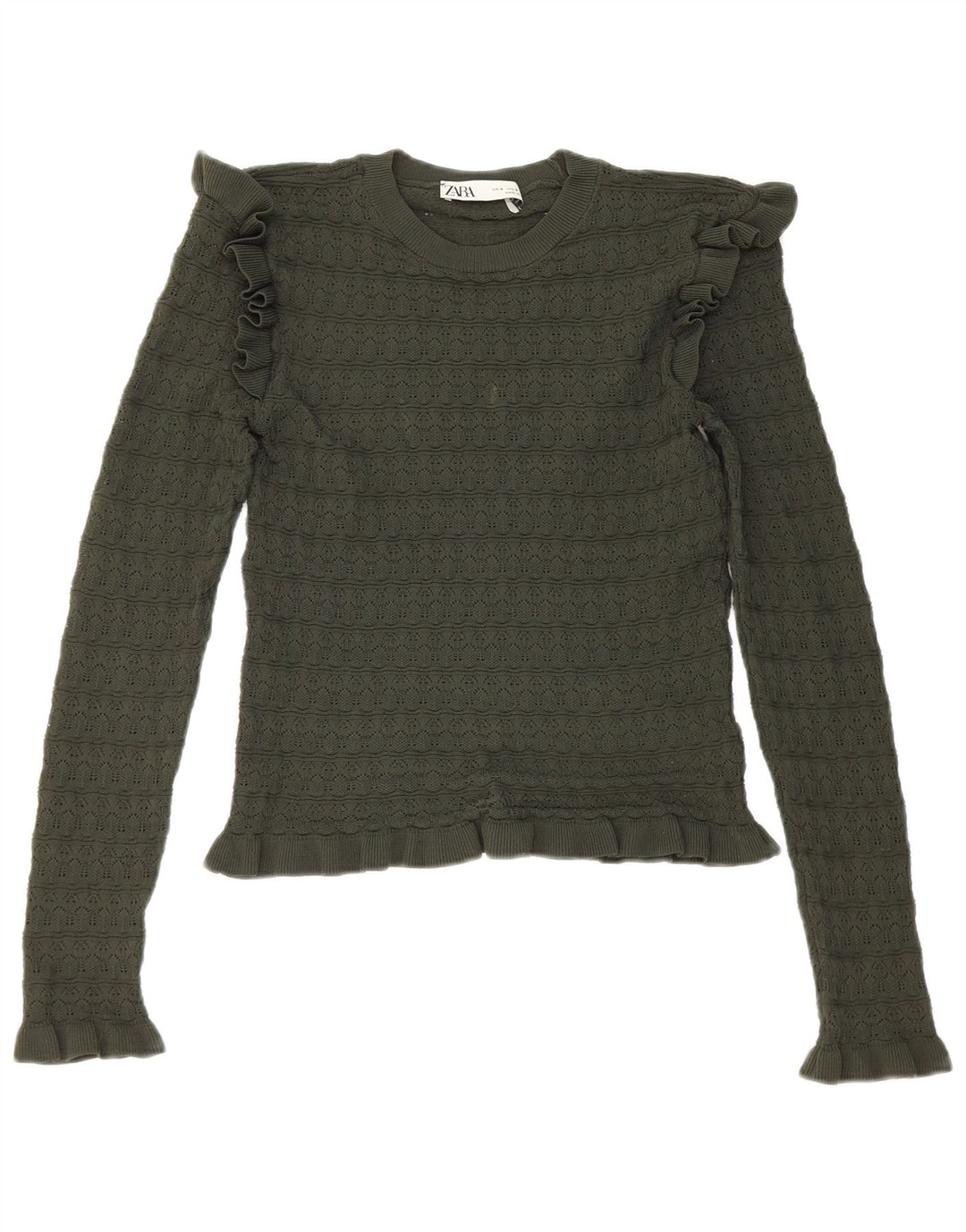 Zara Womens Crop Ruffle Front Top Langærmet UK 8 Small Khaki Polyester