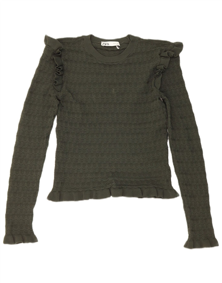 Zara Womens Crop Ruffle Front Top Langærmet UK 8 Small Khaki Polyester