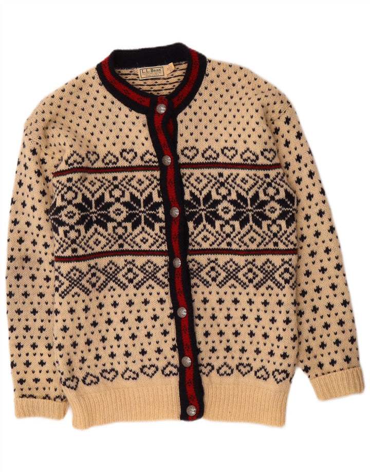 L.L.Bean Dame Cardigan Sweater UK 14 Medium Off White Fair Isle Wool