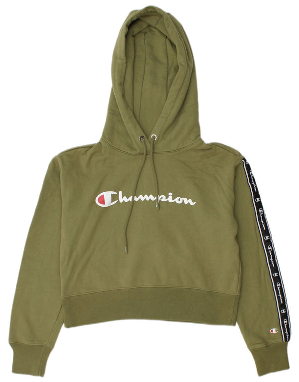 Champion Womens Crop Graphic Hoodie Jumper UK 14 Medium Khaki Colourblock