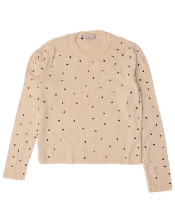 Zara Dame Top Langærmet UK 10 Small Off White Flecked Viscose