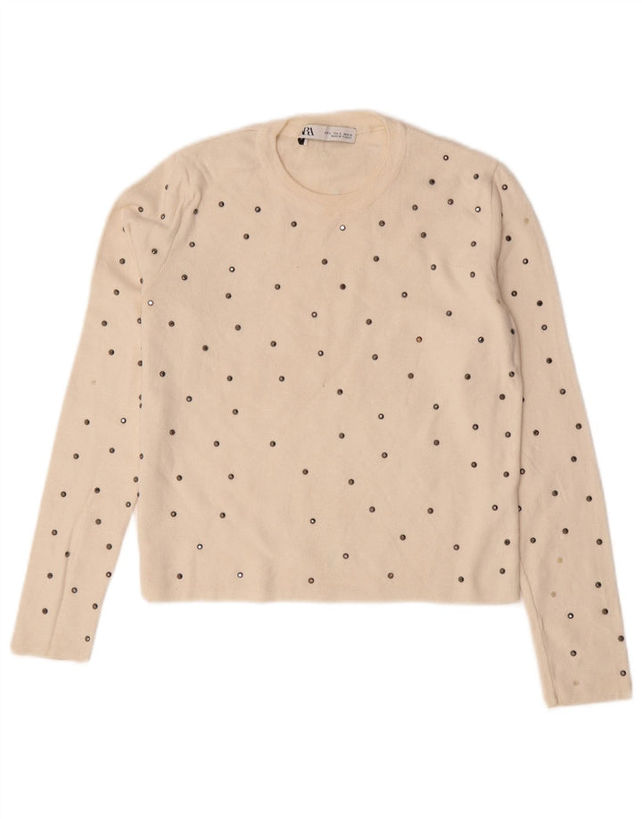 Zara Dame Top Langærmet UK 10 Small Off White Flecked Viscose
