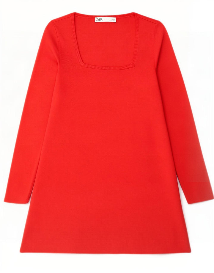 Zara Dame Langærmet A-Line Kjole UK 14 Medium Rød Polyester