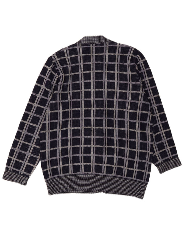 Vintage herre cardigan sweater medium marineblå plaid uld