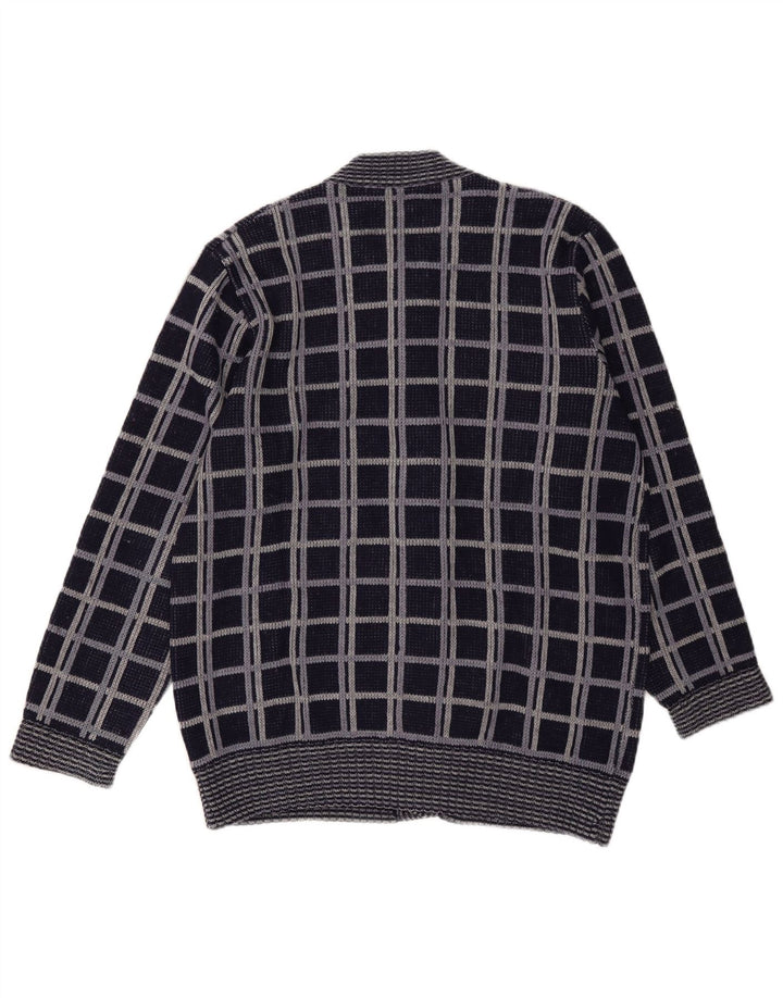 Vintage herre cardigan sweater medium marineblå plaid uld