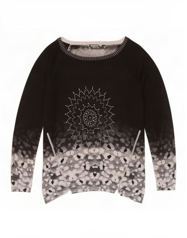 Desigual Womens Boat Neck Jumper Sweater UK 14 Medium Black Floral