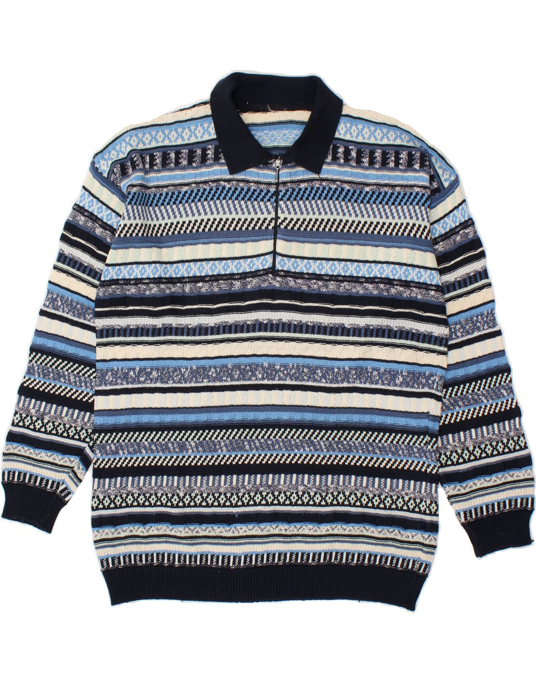 VINTAGE Herre Polo Neck Jumper Sweater Stor Blå Stribet