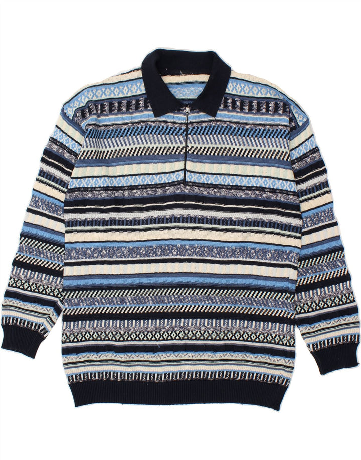 VINTAGE Herre Polo Neck Jumper Sweater Stor Blå Stribet