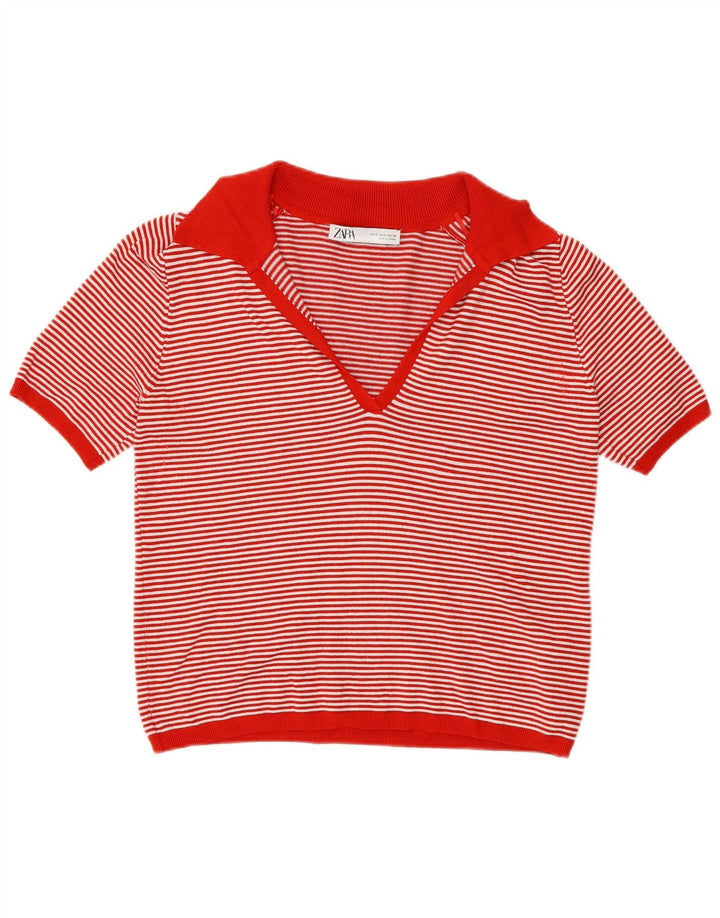 Zara Dame Polo Shirt UK 10 Lille rødstribet viskose