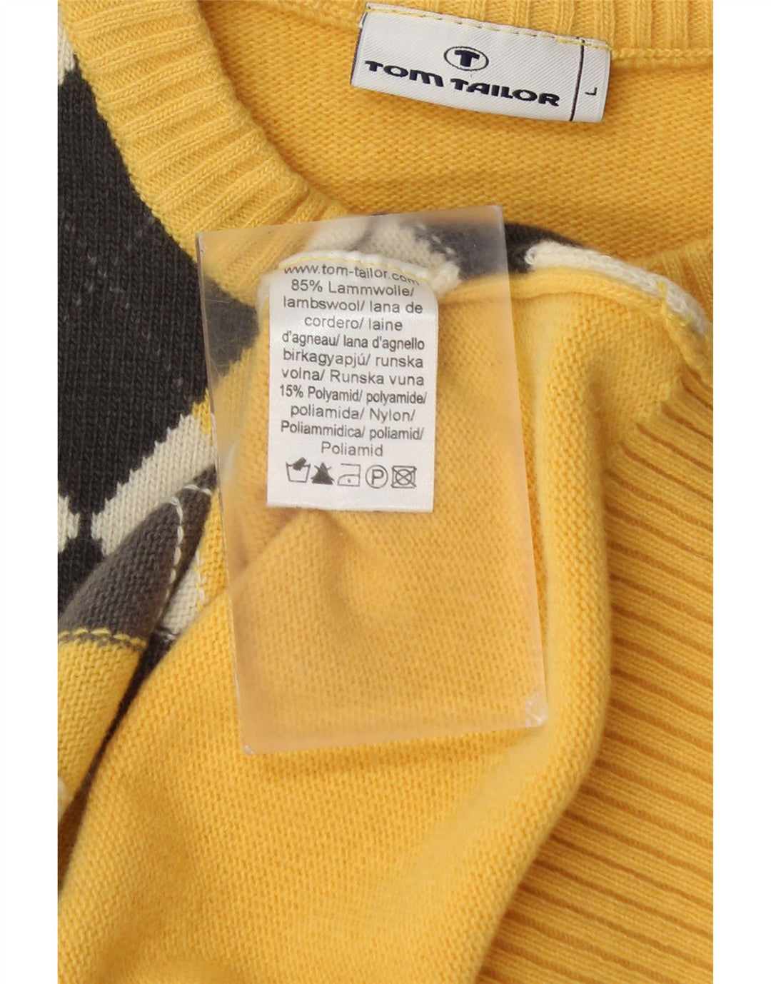 Tom Tailor Herre Crew Neck trøje Sweater Large Yellow Argyle/Diamond Wool