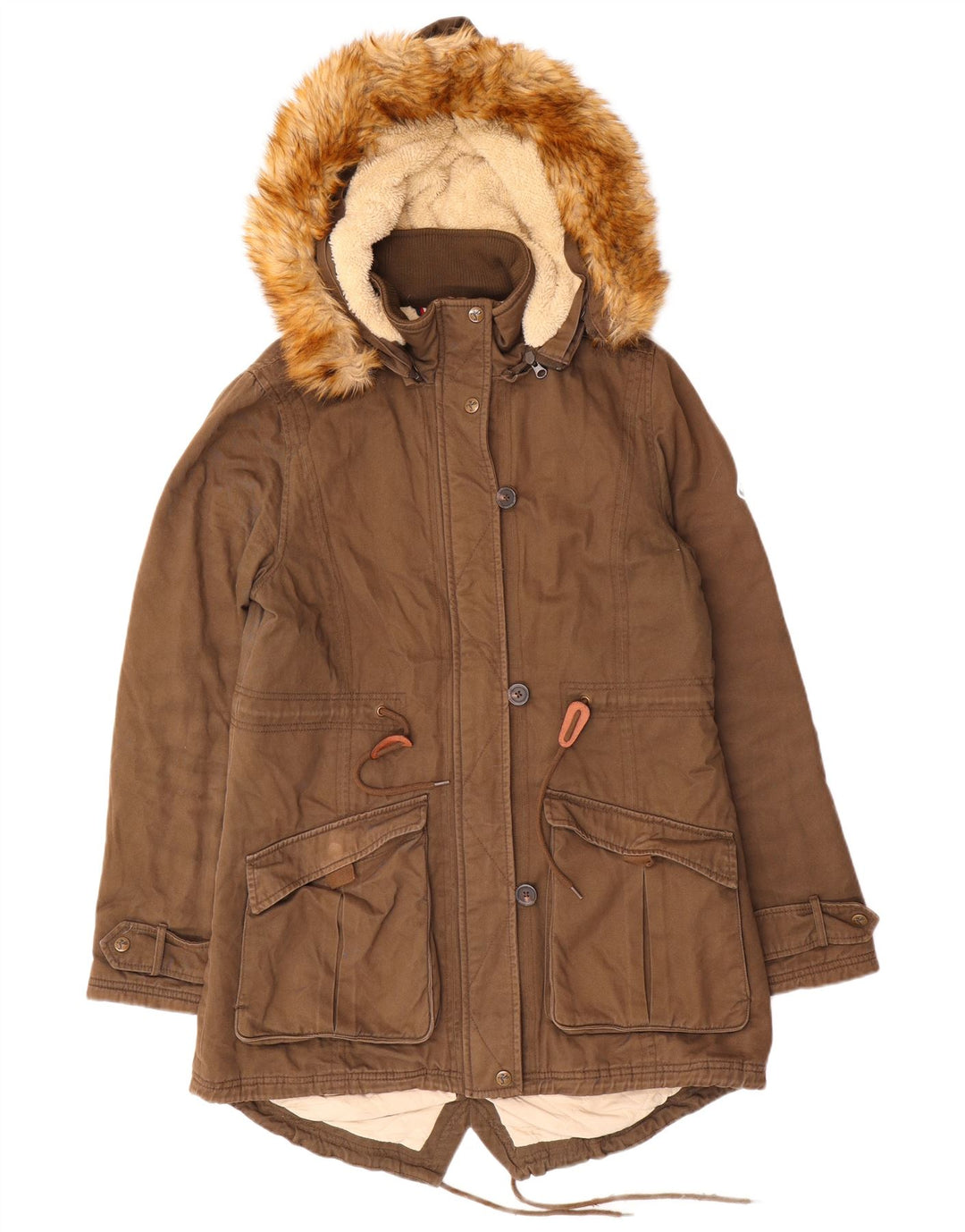 Puffa Dame Hooded Parka Jacket UK 14 Stor Brun Bomuld