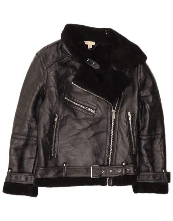Topshop Dame Oversized Sherpa Biker Jacket UK 10 Small Black Polyurethane