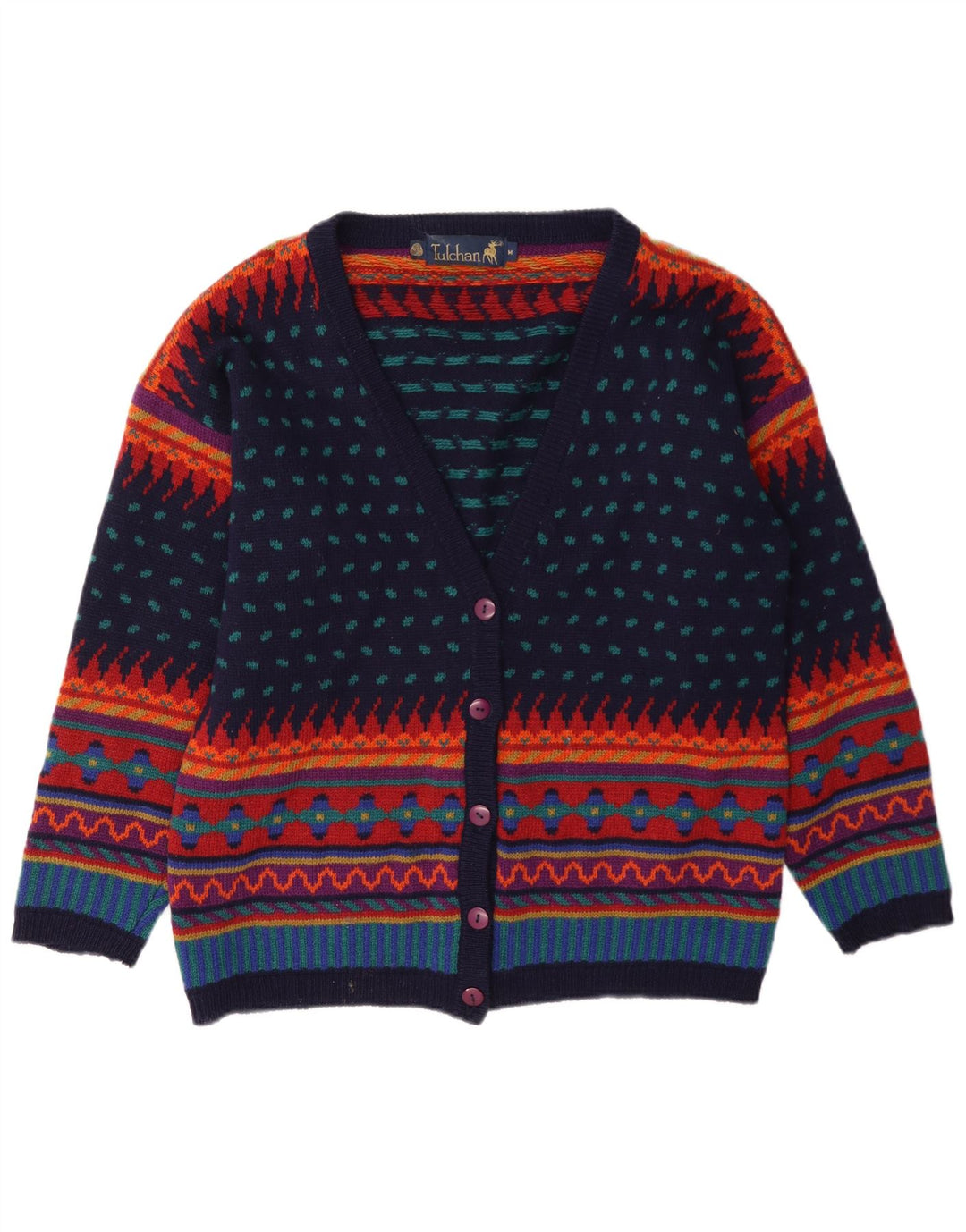 Tulchan Dame Cardigan Sweater UK 14 Medium Flerfarvet geometrisk uld