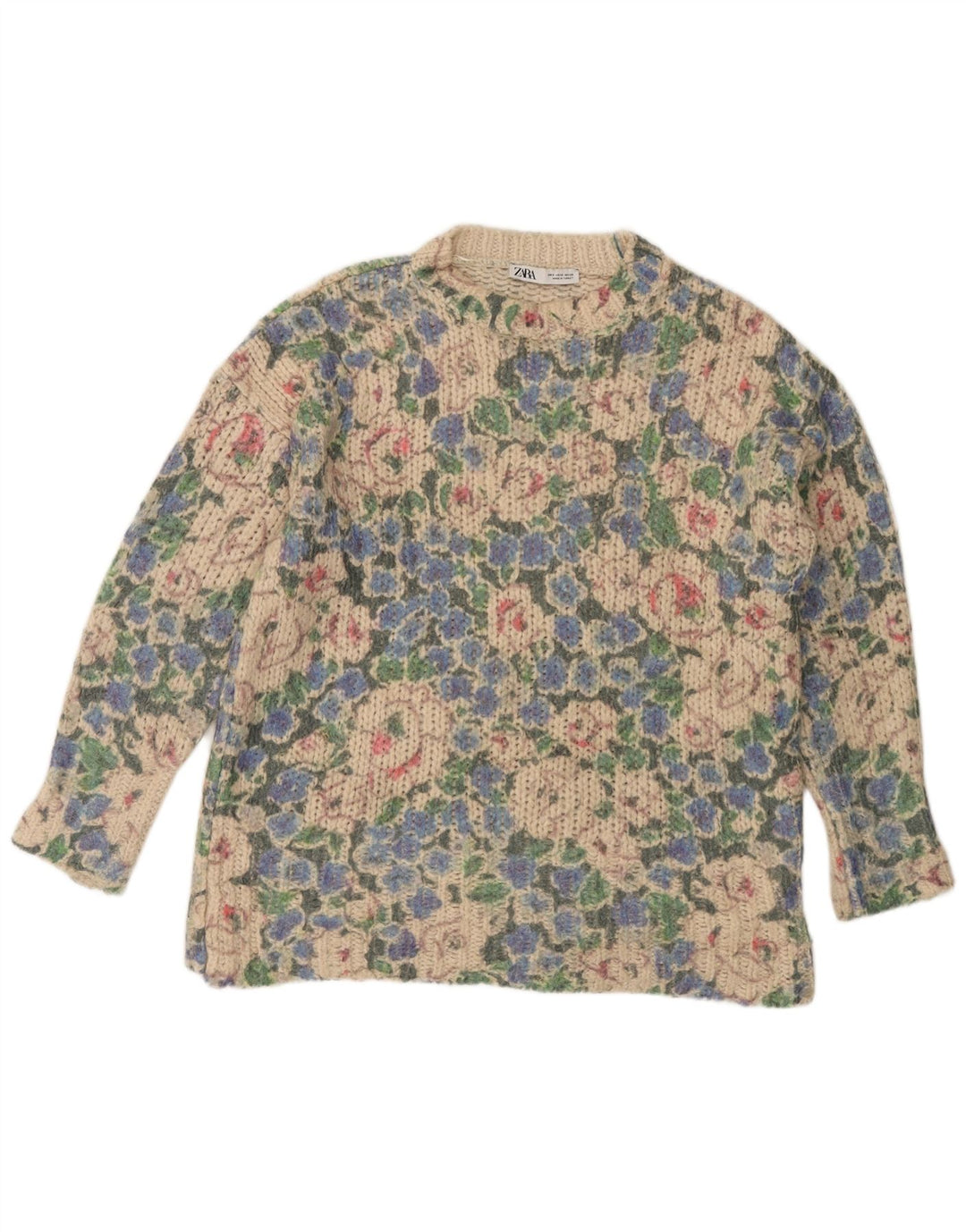 ZARA dame sweater med rund hals DK 10 små flerfarvede blomster