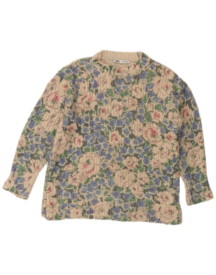 ZARA dame sweater med rund hals DK 10 små flerfarvede blomster