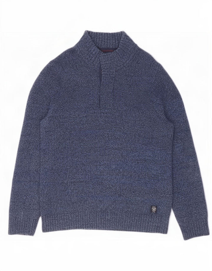 Fat Face Herre Button Neck Jumper Sweater Stor Marineblå Stribet Uld