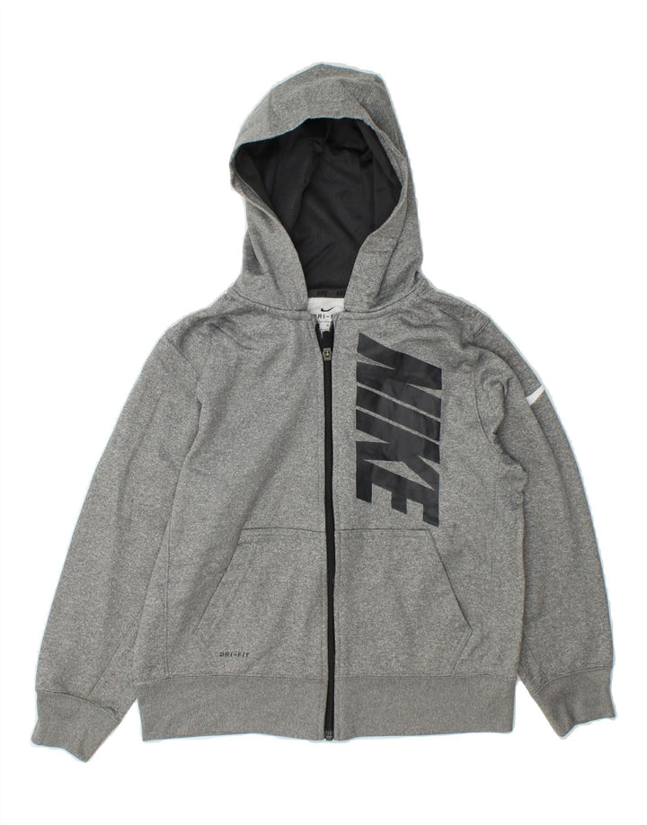 NIKE Boys Dri Fit Graphic Zip Hoodie Sweater 10-11 Years Medium Grey Vintage Nike and Second-Hand Nike from Messina Hembry 