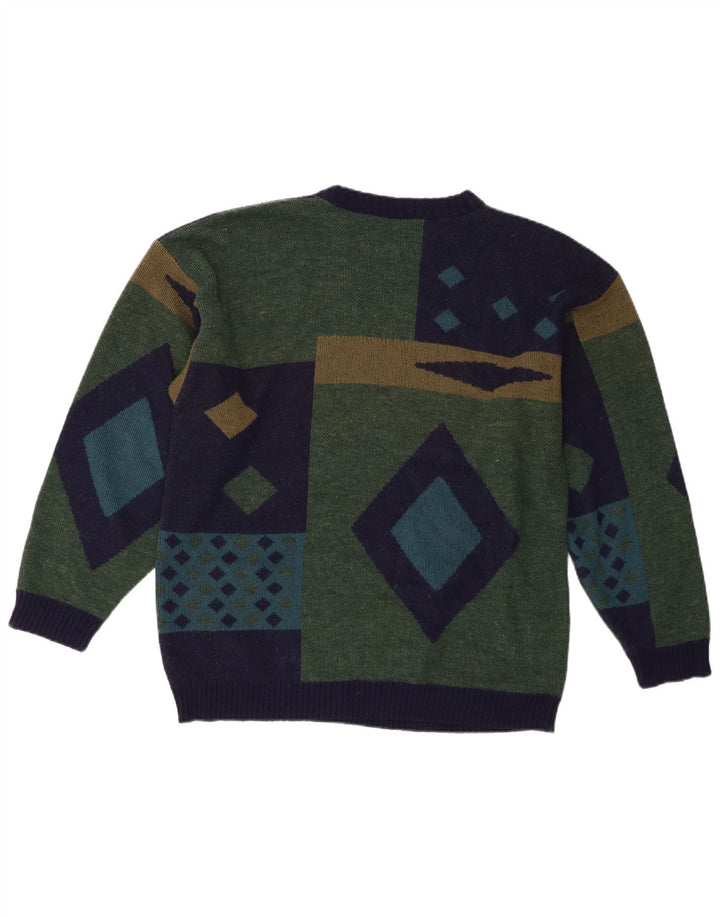 Vintage herre rund hals sweater mellemgrøn geometrisk