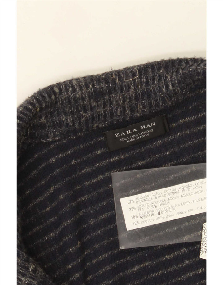 Zara Herre Cardigan Sweater Stor Navyblå Flecked Bomuld