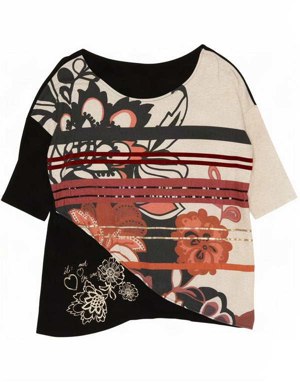 Desigual Dame Grafisk Top 3/4 ærme UK 14 Medium Sort Colourblock