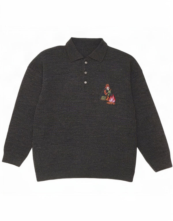 Vintage herre grafisk polo hals sweater stor grå