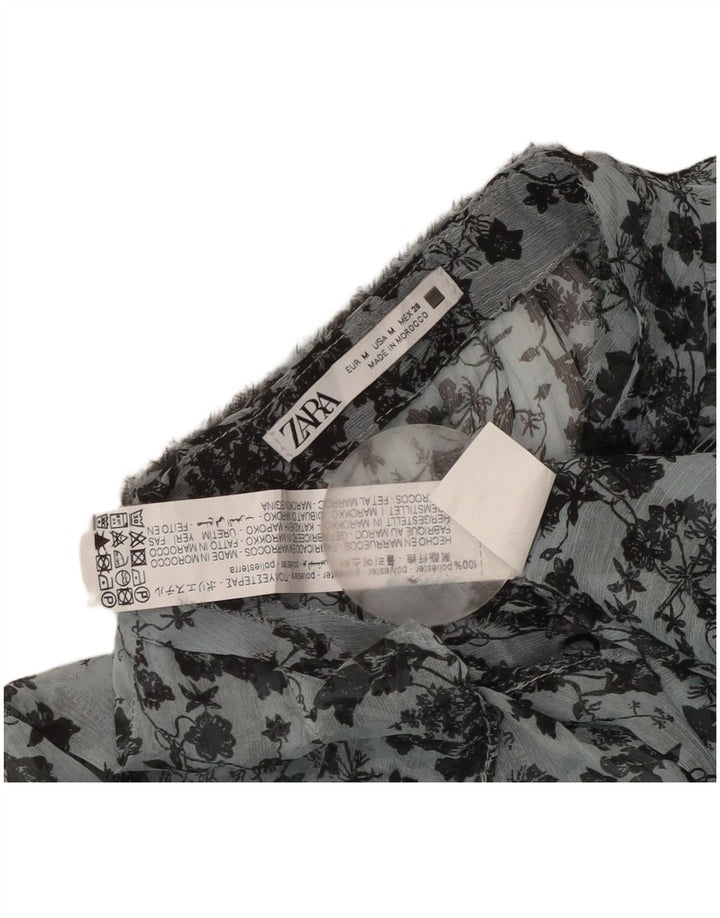 Zara Dame Gennemsigtig Langærmet Bluse Top UK 14 Medium Blue Floral