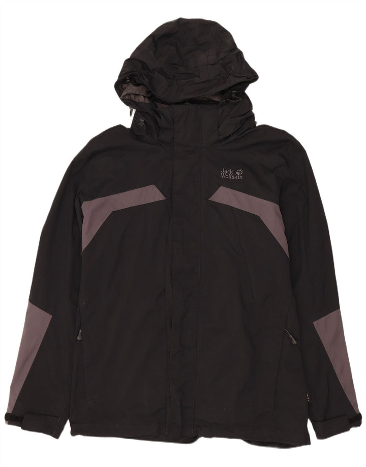 JACK WOLFSKIN Regnjakke med hætte til mænd UK 36/38 Medium Black Colourblock