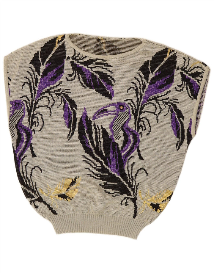 VINTAGE Dame Ærmeløs Boat Neck Jumper Sweater UK 14 Large Grey Floral