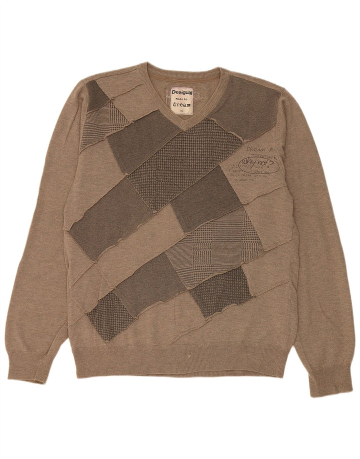 Desigual Herre V-hals sweater XL Brun Patchwork Uld Moderne