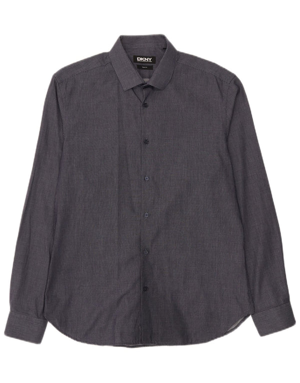 DKNY Herre Slim Fit skjorte str. 16 Large Navyblå plettet bomuld