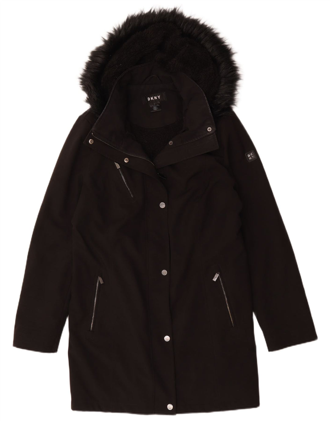 Dkny Dame Hætte Sherpa Overfrakke UK 16 Stor Sort Polyester