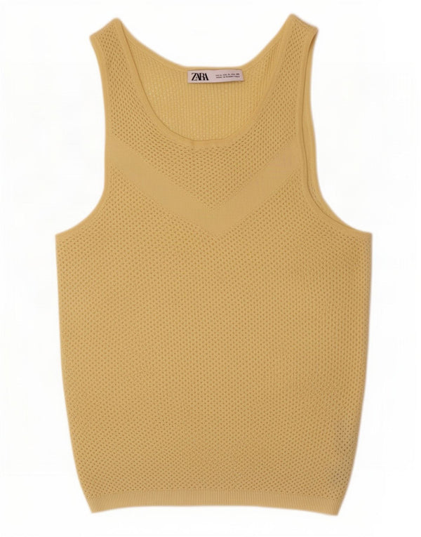 Zara Dame See Through Vest Top UK 14 Large Yellow Viscose