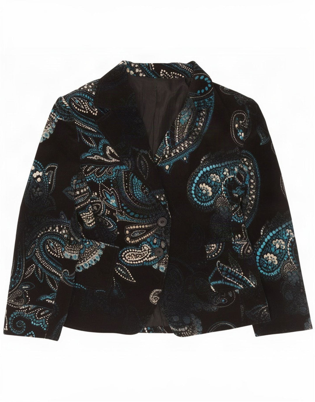 Vintage dame 2-knaps blazerjakke IT 48 XL marineblå Paisley bomuld