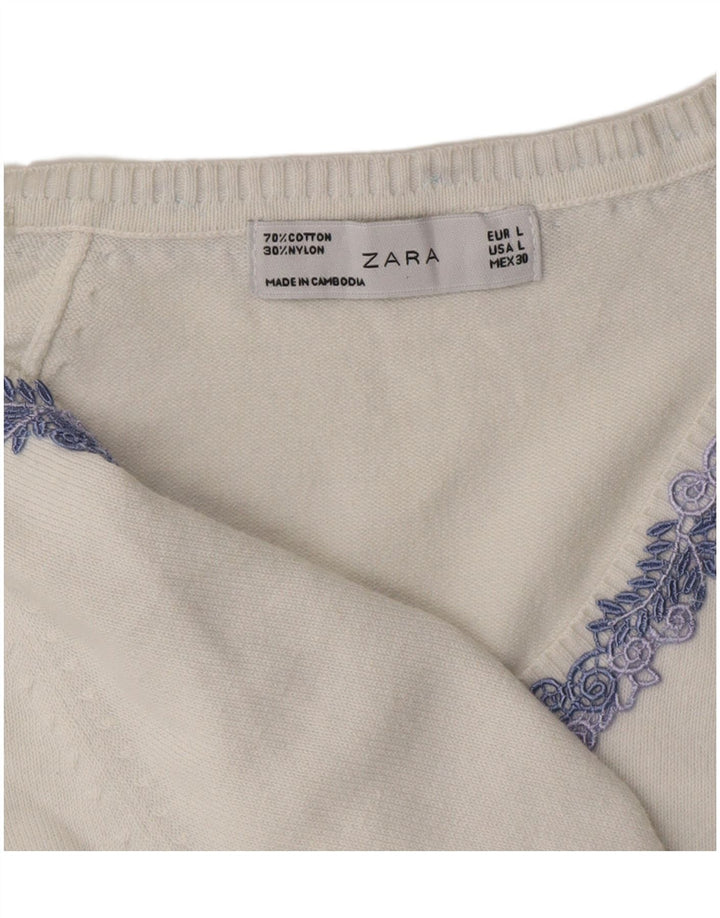 ZARA Dame V-hals sweater UK 14 Stor hvid bomuld