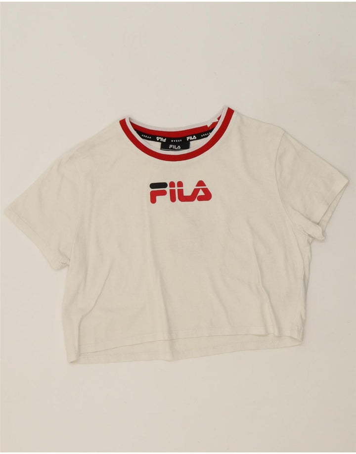 FILA Womens Crop Graphic T-Shirt Top UK 12 Medium White Cotton Vintage Fila and Second-Hand Fila from Messina Hembry 